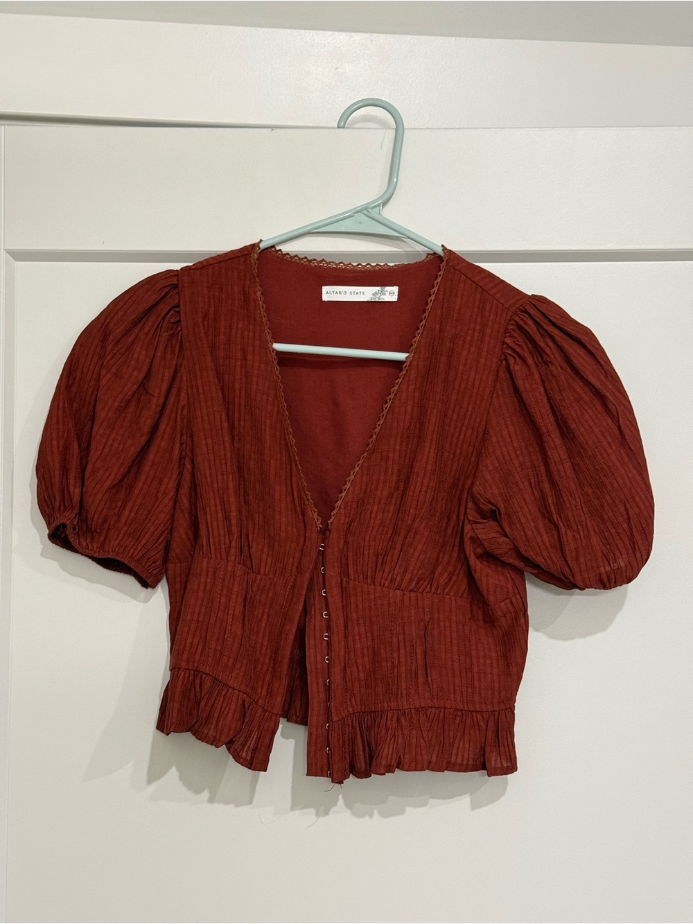Altar'd State Rust Red Puff-Sleeve Hook-Front Top